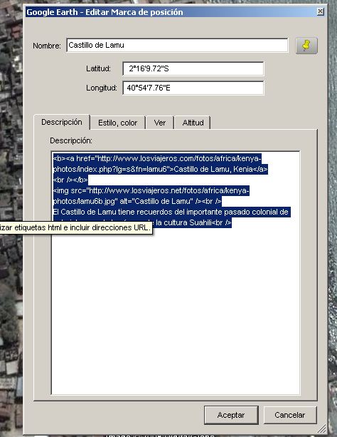 HTML en Descripcion de Localización de Google Earth